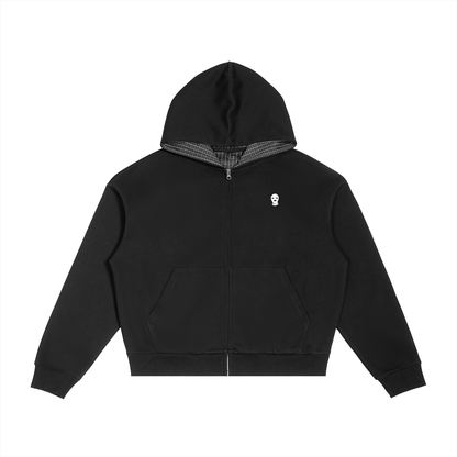 Contrast Plaid Boxy Zip Hoodie - Rapper's Digest
