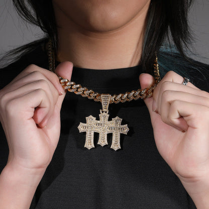 Hip-hop diamond-encrusted zircon three-cross Cuban necklace