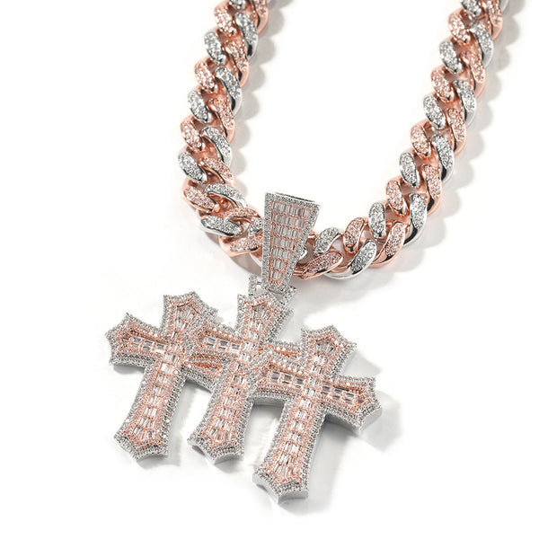 Hip-hop diamond-encrusted zircon three-cross Cuban necklace - Rapper's Digest