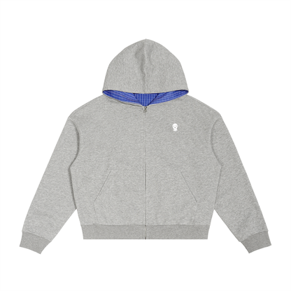 Contrast Plaid Boxy Zip Hoodie - Rapper's Digest