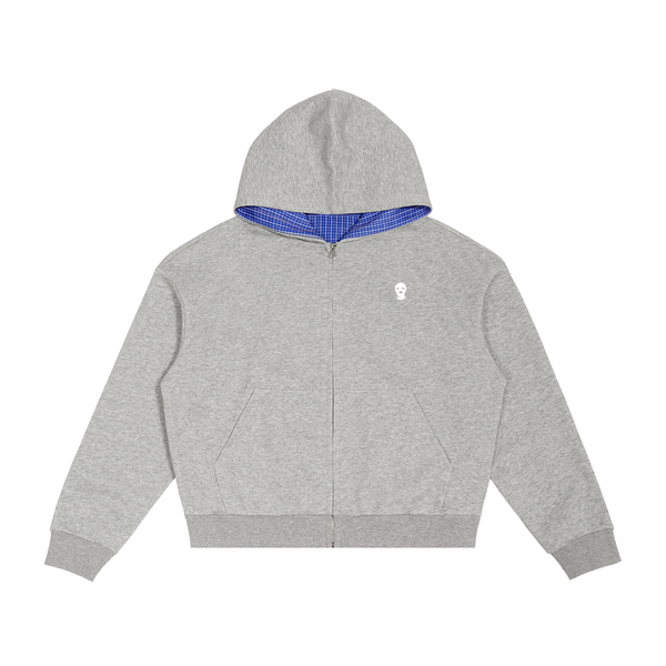 Contrast Plaid Boxy Zip Hoodie - Rapper's Digest