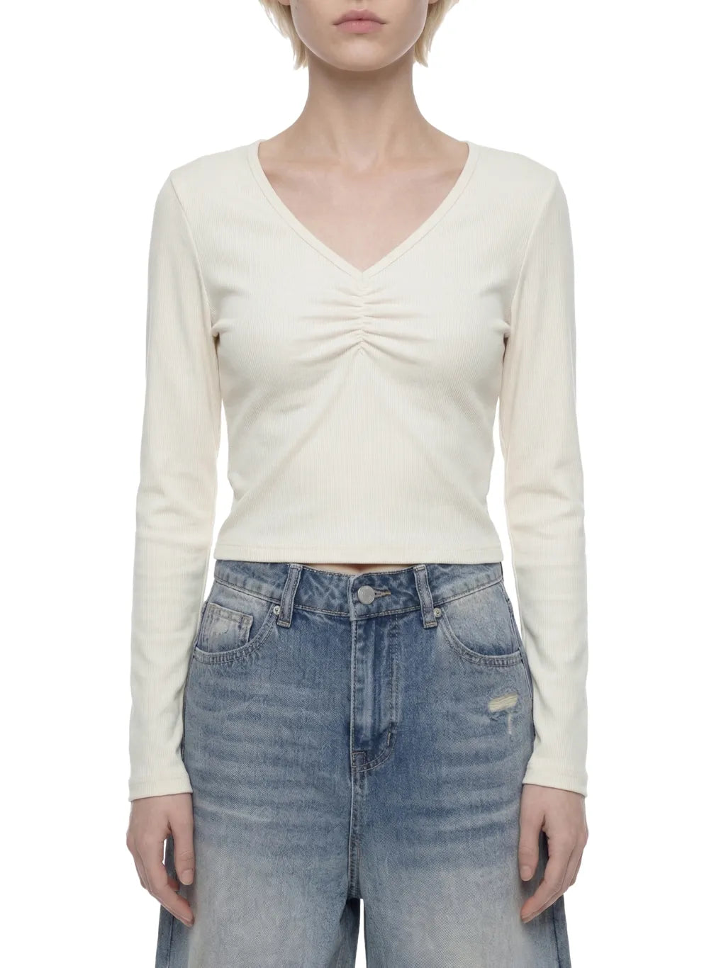 Ruched Long Sleeve Crop T-Shirt